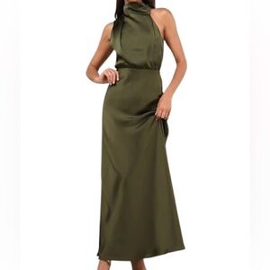 Lulu's Olive Green One-Shoulder Satin Maxi Gown
